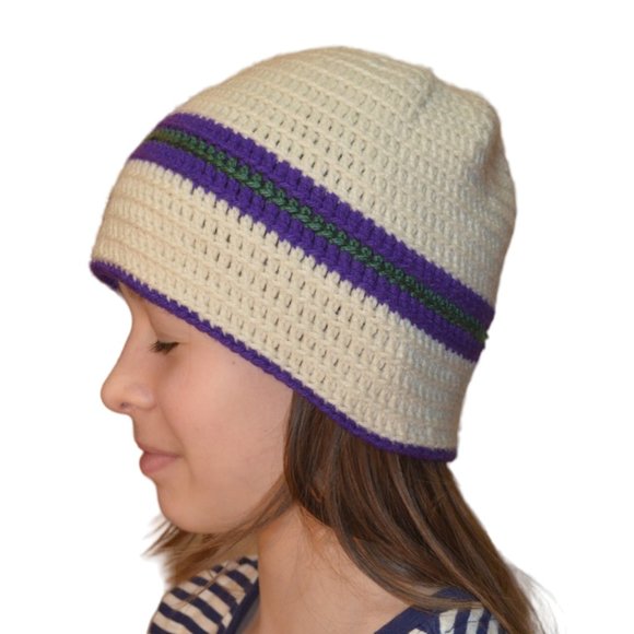 Beanie Crochet White Purple Stripes Tied knit approx. S - Picture 1 of 5